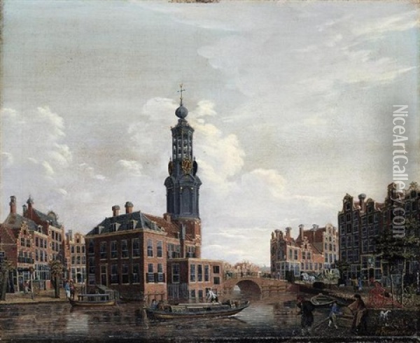 Amsterdam, A View Of The Singel With The Munttoren Oil Painting - Isaac Ouwater
