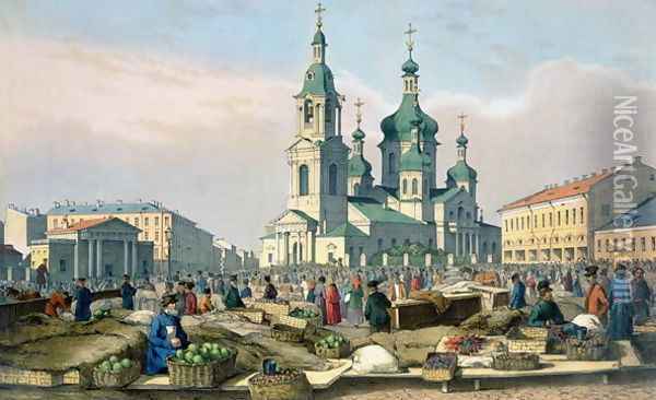 The Hay Square in St. Petersburg, c.1840 Oil Painting - Ferdinand Victor Perrot