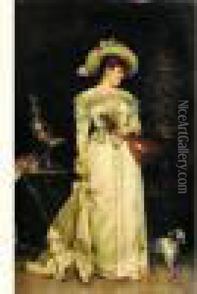 Portrait D'une Elegante A La Mandoline Avec Son Chien Oil Painting - Francesco Vinea