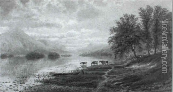 Cattle By The Edge Of A Lake Oil Painting - Edmund Darch Lewis