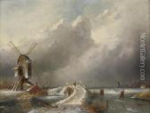 Skaters By A Windmill Oil Painting - Charles Henri Leickert