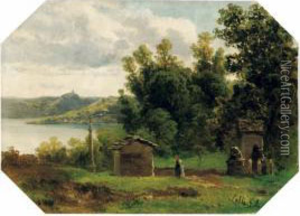 Lago D'orta, Pella E La Madonna Del Sasso - 1862 Oil Painting - Giovan Battista Lelli