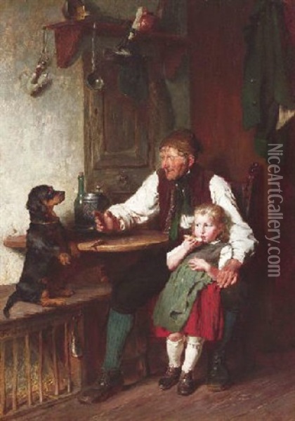 Die Hundedressur. Grosvater Mit Enkelin Und Dackel In Der Stube Oil Painting - Felix Schlesinger