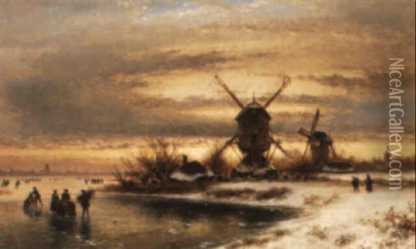 A Winter Landscape With Mills And Skaters With Sledges On Frozen Water Oil Painting - Lodewijk Johannes Kleijn