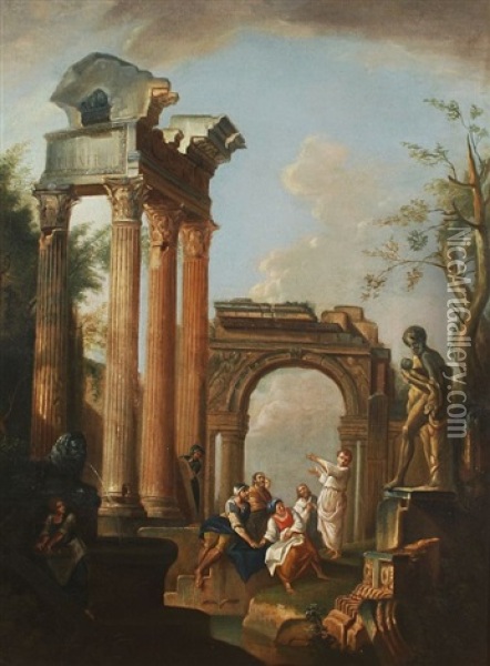 A Capriccio Of Classical Ruins With Figures And Fountain Oil Painting - Giovanni Paolo Panini