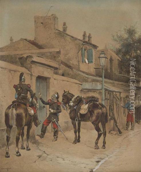 Officiers De Cavalerie Sonnant A La Porte Oil Painting - Jean Baptiste Edouard Detaille