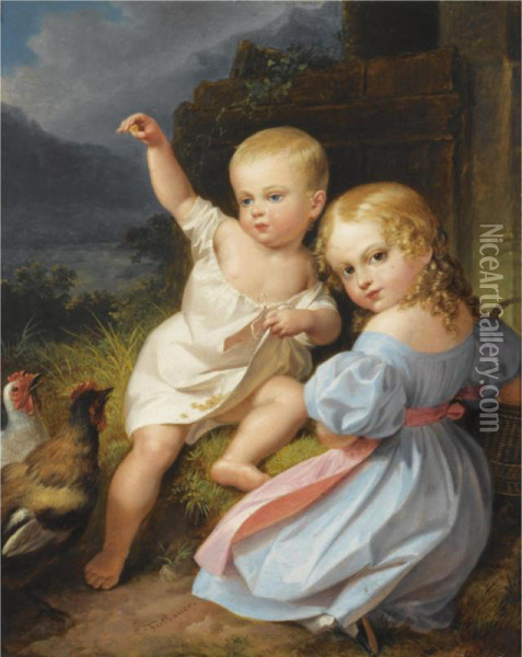 An Infant Boy And A Girl In A Blue Dress Feeding Chickens Oil Painting - Leopold Fertbauer