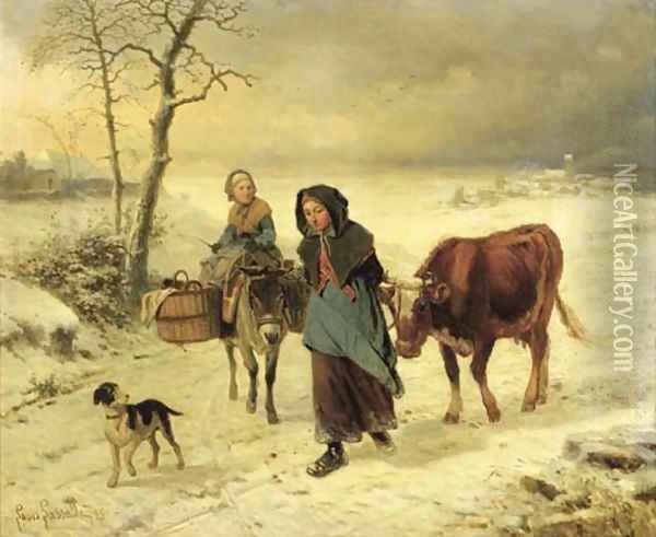 Farmgirls on a path in winter Oil Painting - Louis Lassalle
