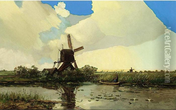 A Windmill And Anglers In A Polder Landscape Oil Painting - Hendrik D. Kruseman Van Elten