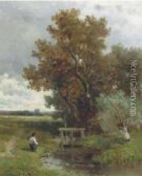 An Angler In An Autumn Landscape Oil Painting - Willem Roelofs
