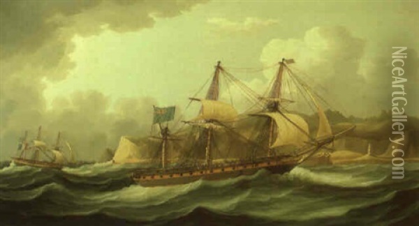 H.m.s. Minerve Entering The Tagus With A French Prizae Oil Painting - Thomas Buttersworth