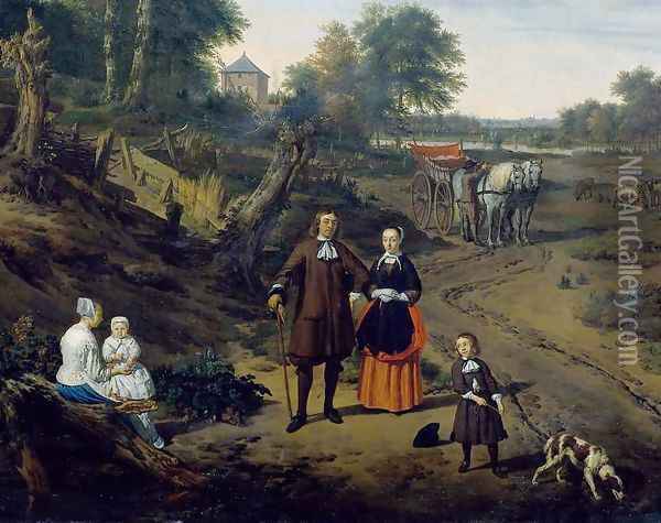 Family Portrait in a Landscape [detail #1] Oil Painting - Adriaen Van De Velde