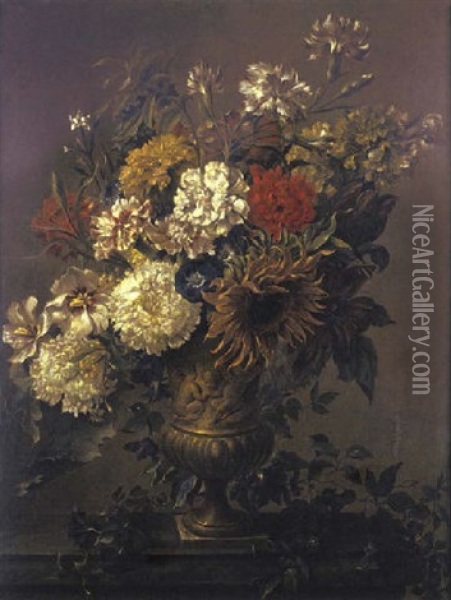 Still Life Of Mixed Flowers In An Urn, On A Ledge Oil Painting - Georgius Jacobus Johannes van Os