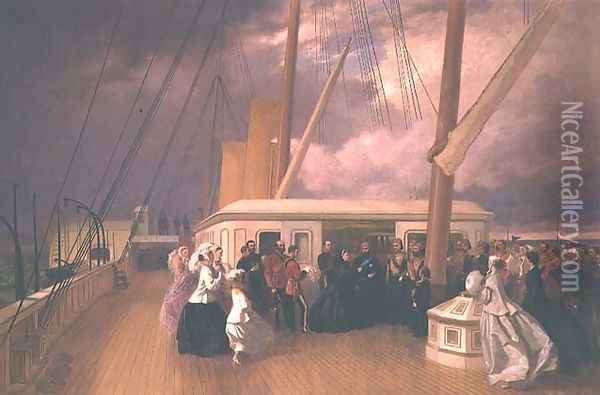 Queen Victoria investing the Sultan with the Order of the Garter on board the Royal Yacht 17th July 1867 Oil Painting - George Housman Thomas