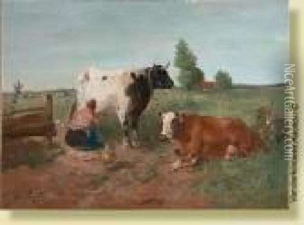 La Traite Des Vaches Au Pre Oil Painting - Henry Schouten