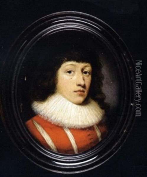 Thomas Wentworth, 1st Earl Of Strafford, Wearing Red Doublet Slashed To Reveal White And Lace Edged Falling Collar Oil Painting - Cornelis Jonson Van Ceulen
