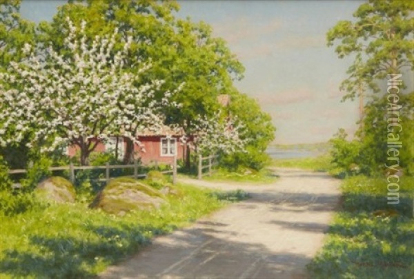Landskap Med Blommande Appeltrad Langs Byvag Oil Painting - Johan Fredrik Krouthen