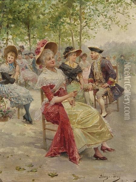 Ladies And Gentlemen Seated In A Park Oil Painting - Alonso Perez