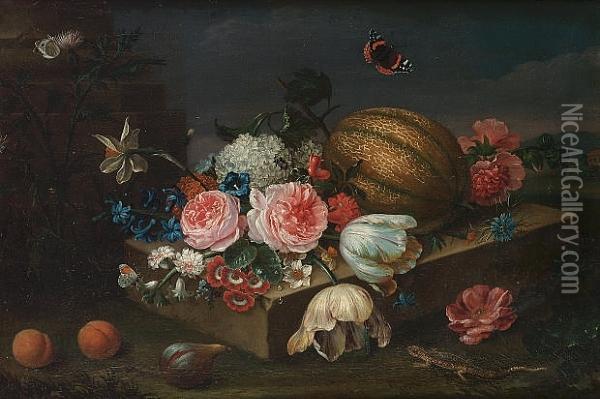 Roses, Carnations, Narcissi, Convolvulus, Tulip And Other Flowers With A Melon On A Stone Ledge With A Fig And Two Peaches, A Lizard And Butterflies Oil Painting - Heinrich Christoph Kolbe