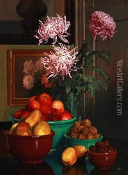 Still Life With Nuts, Fruit And Flowers In A Vase Oil Painting - Gustav Vilhelm Blom