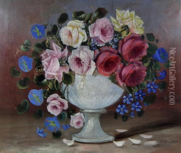 Still Life Study - Bowl Of Mixed Flowers Oil Painting - Jules Lessore