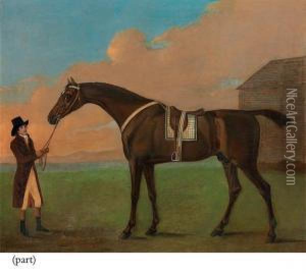 The Dark Bay Racehorse Dragon Held By A Trainer Oil Painting - J. Francis Sartorius