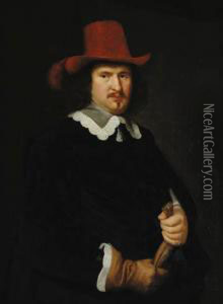 Portrait Of A Gentleman, Three-quarter-length, In A Red Plumed Hat,holding A Glove Oil Painting - Pieter Nason