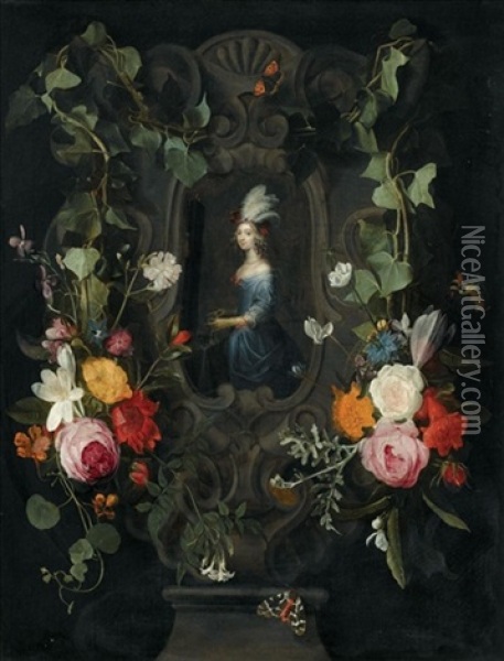 A Garland Of Mixed Flowers Adorning A Stone Cartouche Surrounding An Allegory Of Vanity Oil Painting - Hieronymous (Den Danser) Janssens