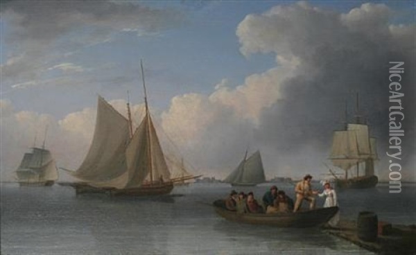Alighting From The Ferry On A Calm Day, A View Of Harwich Beyond Oil Painting - William Anderson
