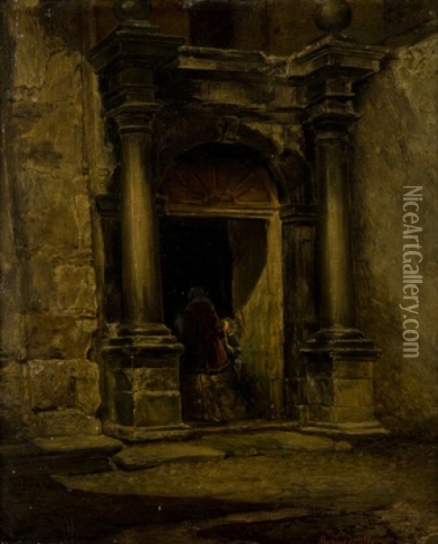 Figure Presso L'antico Portale Oil Painting - Mario De Maria