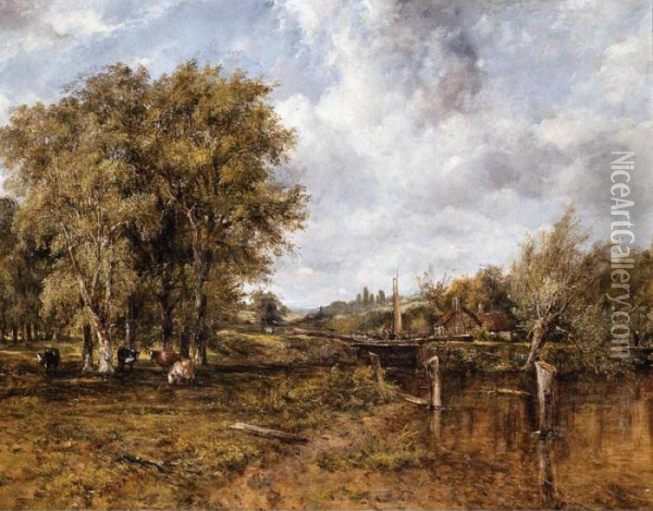 A Wooded Landscape With Cattle And A Cottage Beyond Oil Painting - Frederick Waters Watts