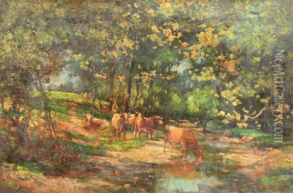 Cows Watering A Lush Green Forest Landscape Oil Painting - John Elwood Bundy