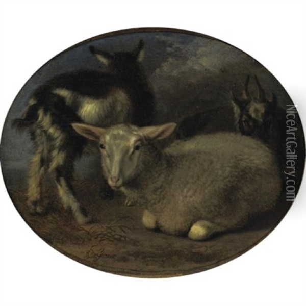 A Sheep And Two Goats In A Landscape Oil Painting - Barend Graat