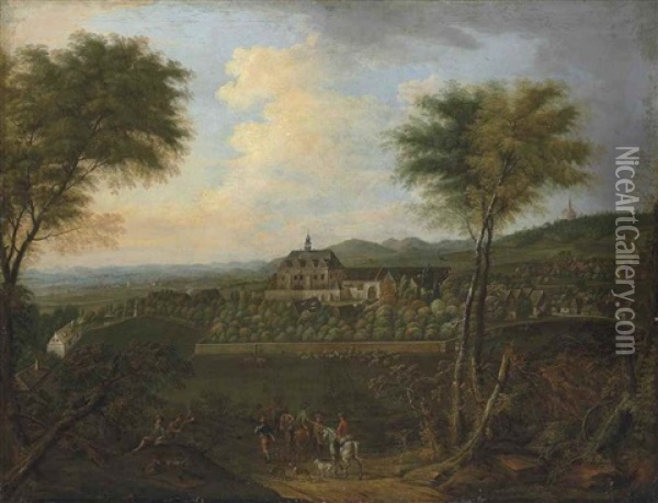 An Extensive Landscape With A Hawking Party Approaching A Walled Estate Oil Painting - Johann Alexander Thiele