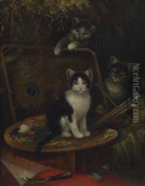 Drei Katzchen Im Atelier Oil Painting - Otto Scheuerer