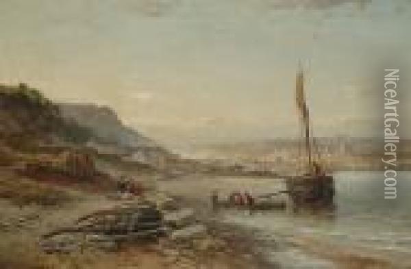 Unloading The Days Catch, A Coastal Town Beyond Oil Painting - John Syer