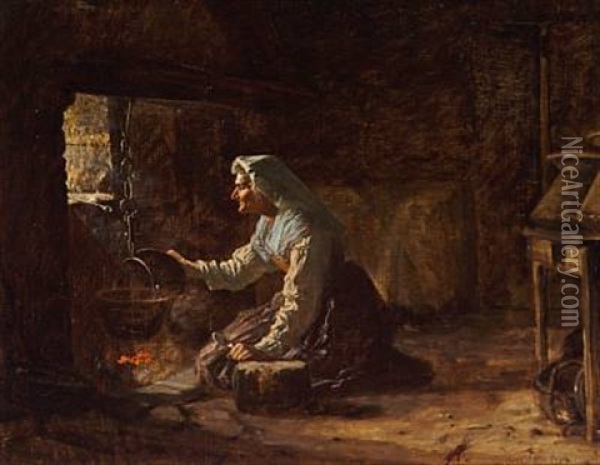 Italian Woman At The Fireplace Oil Painting - Auguste Johan Frederik Carl Lorange
