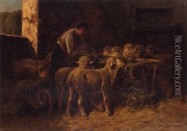 Sheep With A Shepherd In A Barn Oil Painting - Jules Bahieu