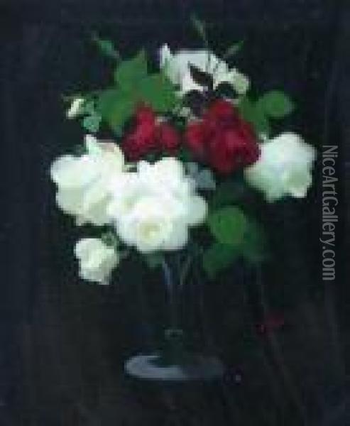 A Still Life Of Red And White Roses Oil Painting - James Stuart Park
