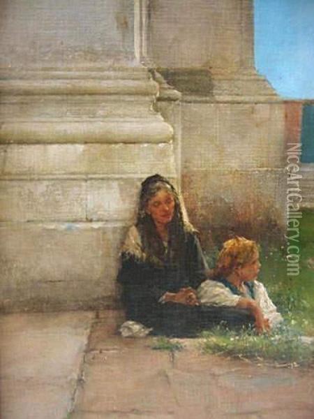 Femmeet Enfant Au Pied D'un Temple A Venise Oil Painting - Henry Woods