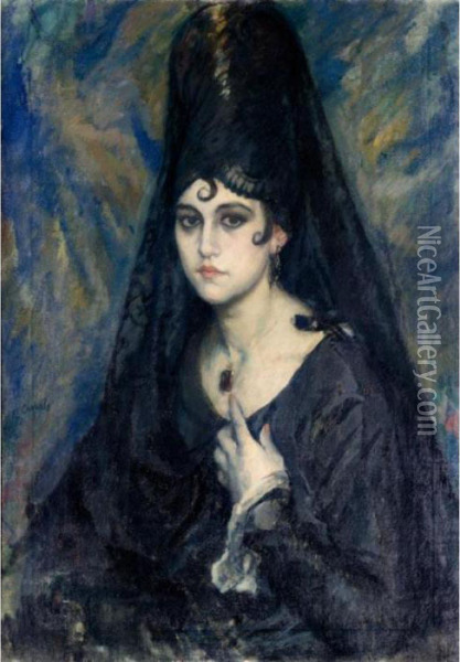 Dama De La Mantellina (woman With A Headdress) Oil Painting - Ricardo Canals y Llambi
