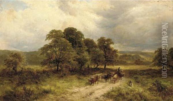 A Drover With Highland Cattle In A Wooded Landscape Oil Painting - George Turner