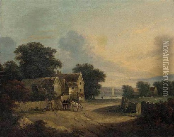 A Sunset River Landscape With Figures And A Horse And Cart Before A Cottage Oil Painting - Paul Sandby