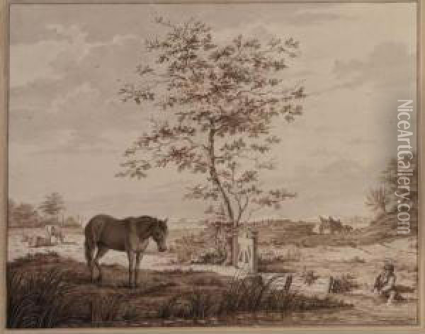 Landscape With A Horse And A Boy With His Feet In A Pond Oil Painting - Johannes Pieter Visser-Bender
