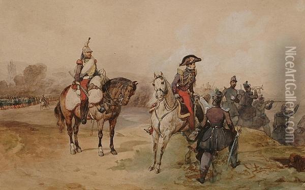 Two Mounted Offices Surveying A Battle Oil Painting - Eugene Louis Lami