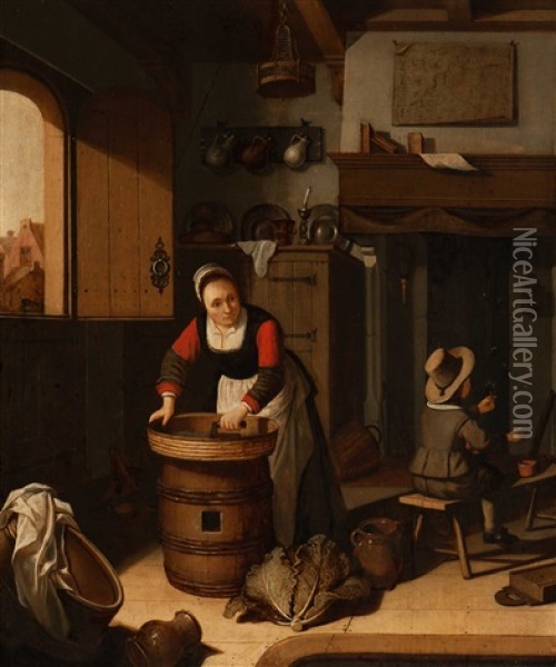 Ironing Kitchen Maid With Young Boy Oil Painting - Adriaen van Gaesbeeck