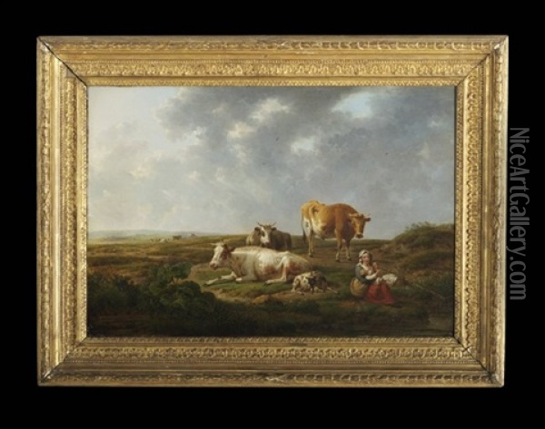 Landscape With Cattle And Mother And Child At Rest Oil Painting - Henri-Joseph Antonissen