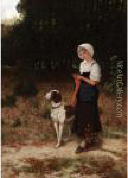 Peasant Girl With Her Pet Oil Painting - Hubert Salentin