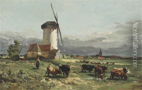 Cows In A Meadow Oil Painting - Johannes Hubertus Leonardus de Haas