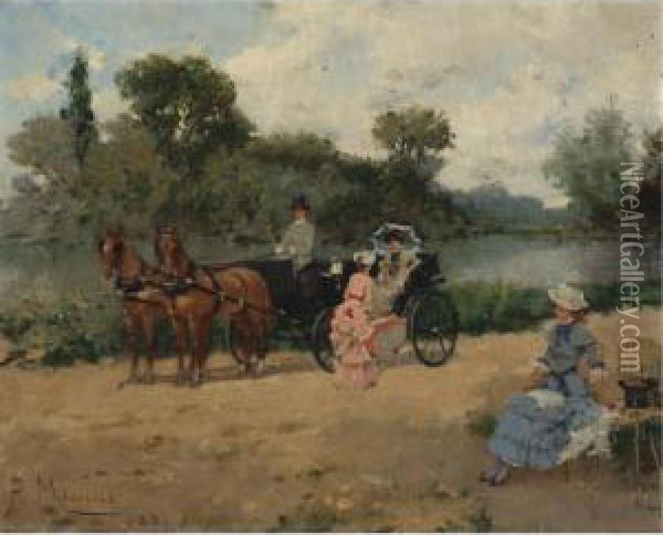 Carriage Ride By The River Oil Painting - Francisco Miralles Galup